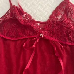 Red Lace Chemise with Spaghetti Straps and Decorative Bow